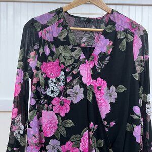 INC International Concepts Black Pink Floral Mesh Bell Sleeve Peasant Blouse Top